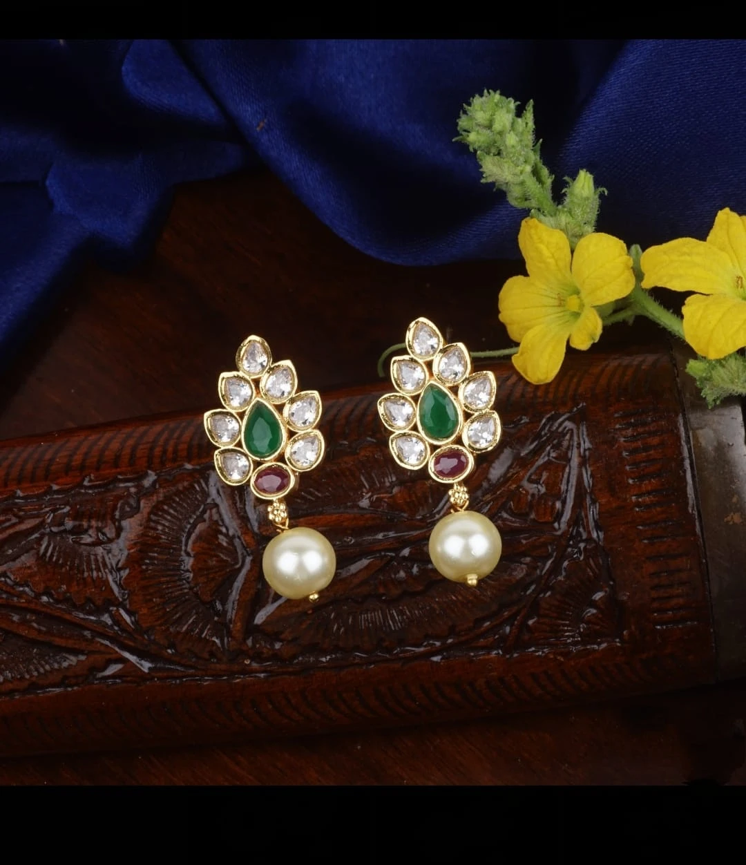 Emerald  Pearldrop Floral Earrings