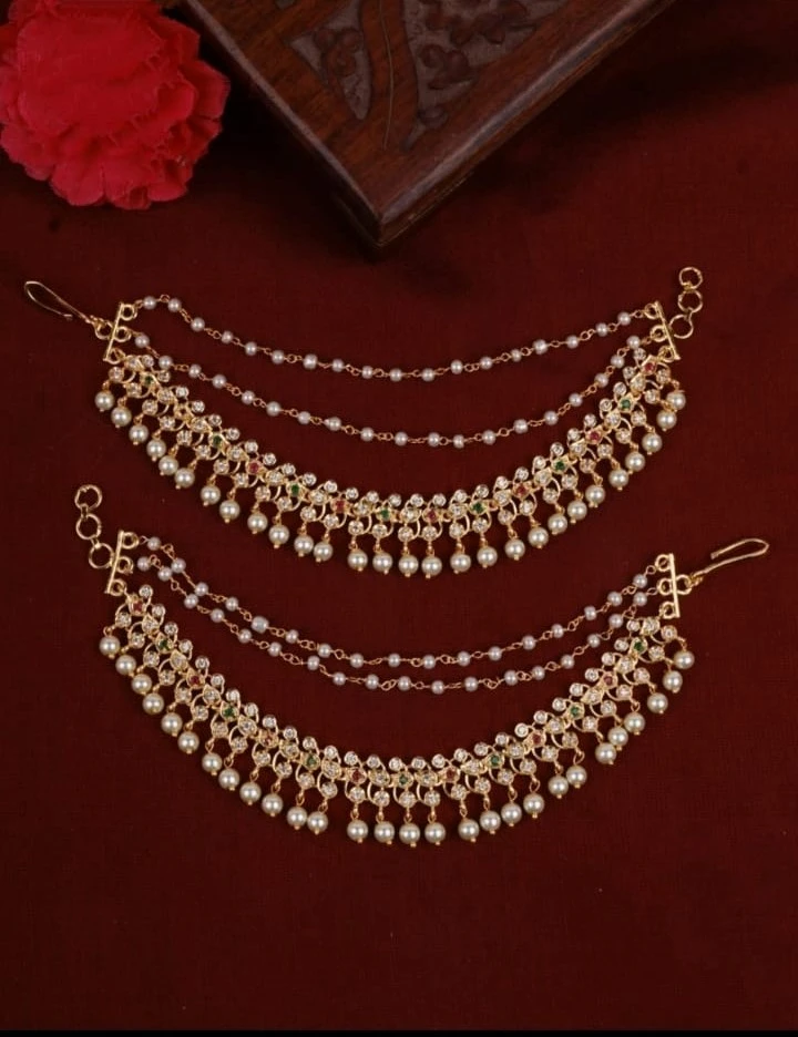 Gold-Plated Pearl Chain Stone Anklet (Pair)