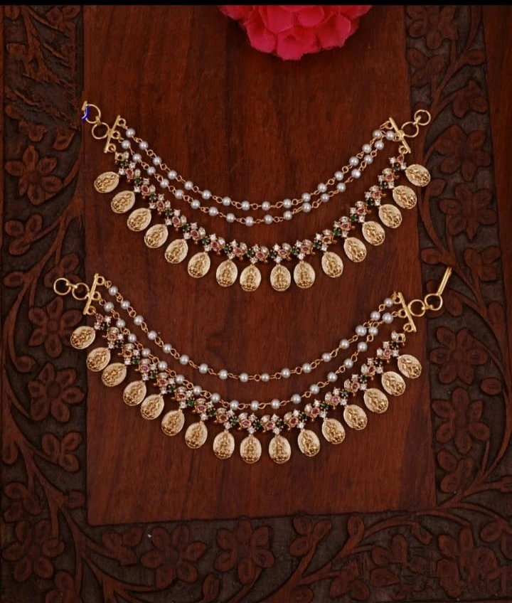 Gold-Plated Lakshmi Coin Pearl Anklet (Pair)
