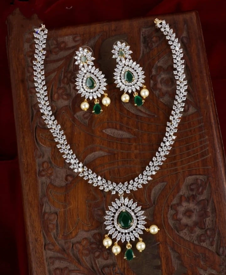Premium Quality Green Stone Diamond Finish Necklace With Earrings